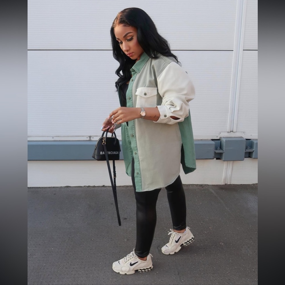 Missguided Green Oversized Color Block Denim Shirt - US 6